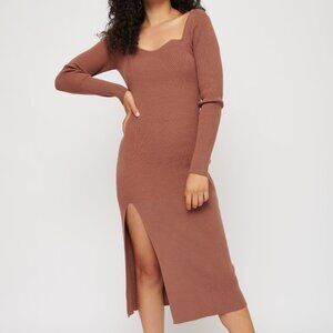 (NWT) Dynamite - brown ribbed knit bardot midi sweater dress (large)